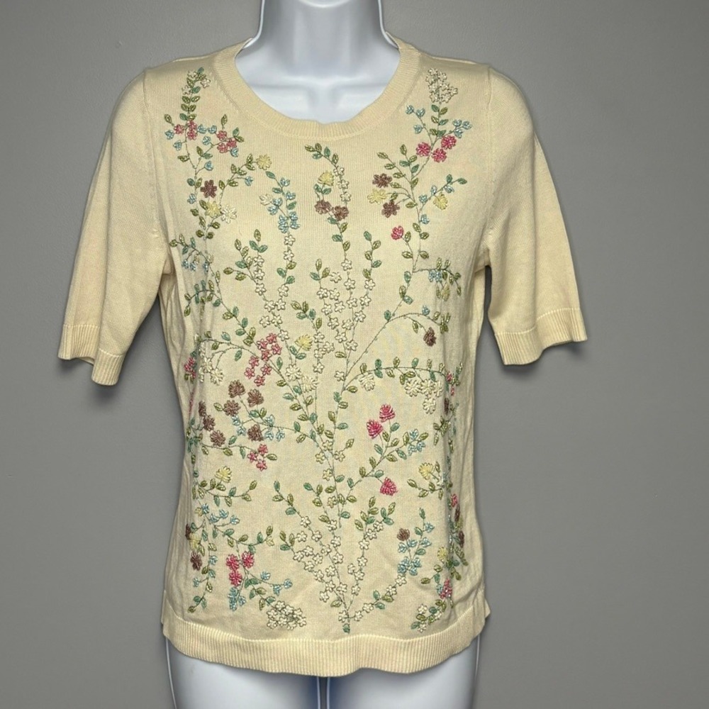 Talbots Grandmacore Cottage Floral Beaded Short Sleeve Sweater Blouse Sz XS